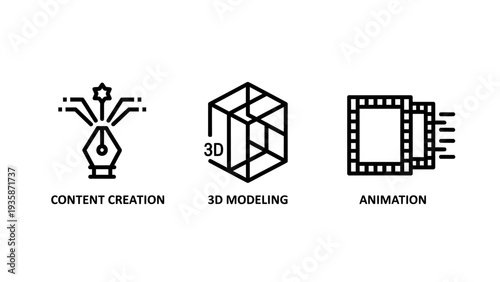 Digital Media Production Icons: Content Creation, 3D Modeling, and Animation for Creative Design and Visual Storytelling.