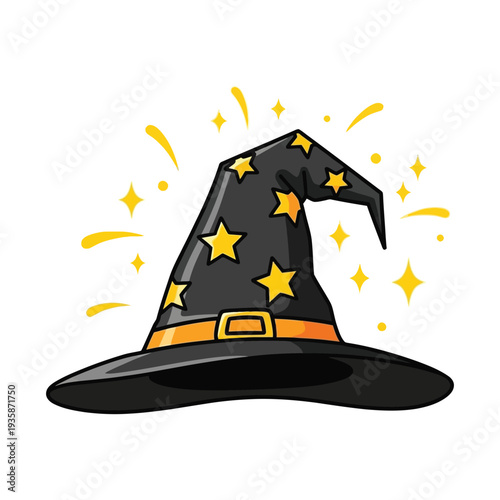 Black Witch Hat With Gold Stars And Orange Ribbon Halloween Clipart Illustration