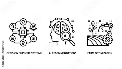 Modern AI and Machine Learning Concepts Icons: Decision Support Systems, AI Recommendations, and Farm Optimization Technology