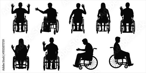 Silhouettes of diverse people in wheelchairs waving and gesturing on white background Keywords: wheelchair, disability, disabled