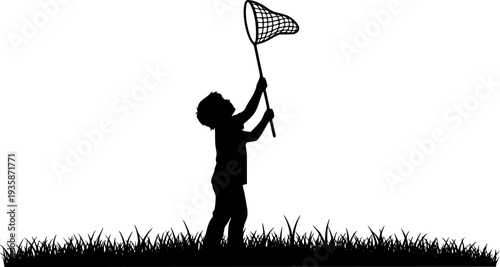 A silhouette of a child standing in a grassy field, holding a butterfly net raised high above their head, as if ready to catch something
