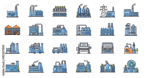 Collection of industrial factory buildings and manufacturing plants.