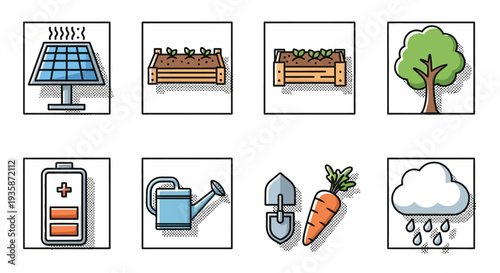Eco-friendly gardening icons: solar panel, raised beds, sustainability symbols in colorful outline style
