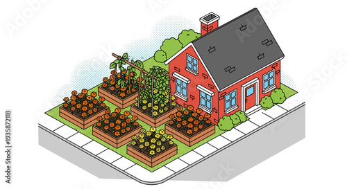 Charming urban homestead with vibrant raised garden beds in isometric view