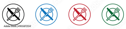 No cutlery icons set in four colored circles for dining restrictions and food allergy signs