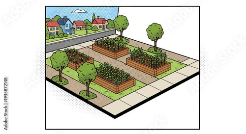 Colorful comic style community garden with raised beds and trees