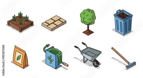 Gardening essentials: tools and plants in isometric design