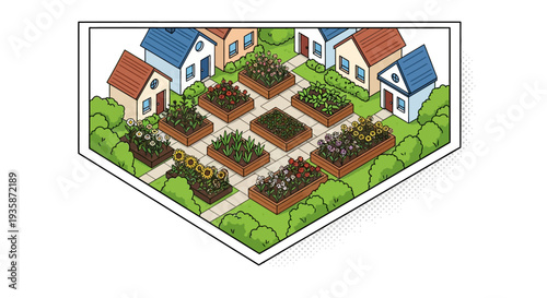 Isometric community garden with colorful houses and raised vegetable beds