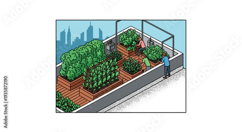 Rooftop urban garden with people tending plants in isometric style