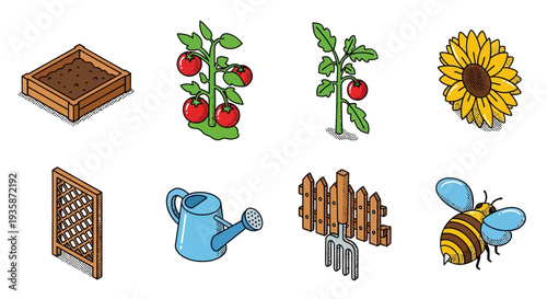 Colorful isometric garden elements with vegetables, tools, and insects