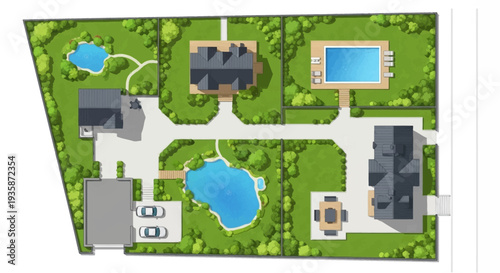Aerial view of a luxury estate with pools gardens and buildings