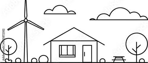Minimal Coastal Town Outline Drawing, Renewable Energy Street Landscape Design
