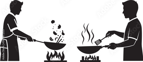 Chef cooking wok food on gas stove