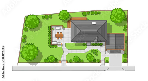 Aerial view of a modern house with landscaped garden and driveway