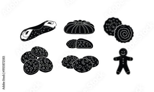 Black and white illustration of various baked goods and a gingerbread man