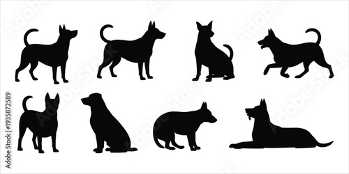 Diverse black silhouettes of dogs in various standing and sitting poses canine animal