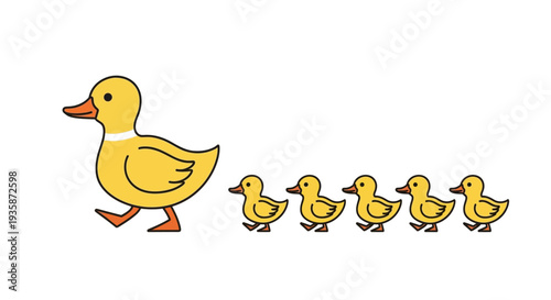 A mother duck leads a line of four small ducklings forward