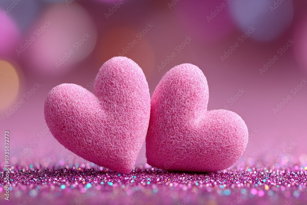 Obraz premium Two gentle pink hearts rest on a glittering surface, with a soft pink blur in the background, evoking a romantic theme
