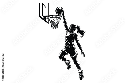 Basketball player jumping to dunk ball into hoop illustration black and white silhouette of female athlete playing professional sports game