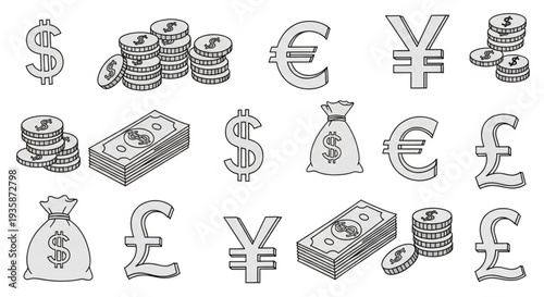 Collection of Hand Drawn Currency Symbols and Money Icons.