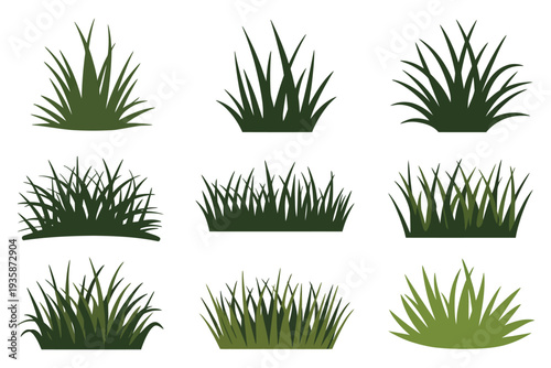 Collection of fresh green grass bushes design elements natural spring and summer park garden meadow lawn foliage set