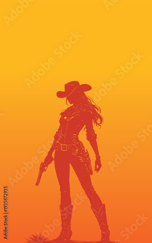 Cowgirl silhouette against vintage western background, suitable for westernthemed designs, posters, or product packaging in movies, events, or promotions.