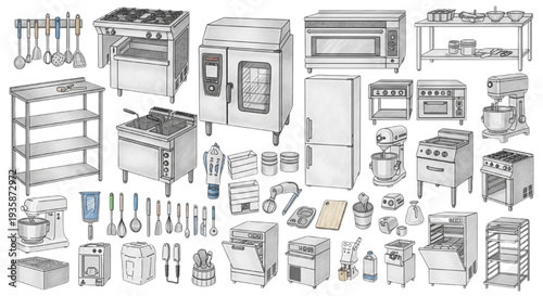 Commercial Kitchen Equipment Set, Stainless Steel Restaurant Appliances Vector Collection