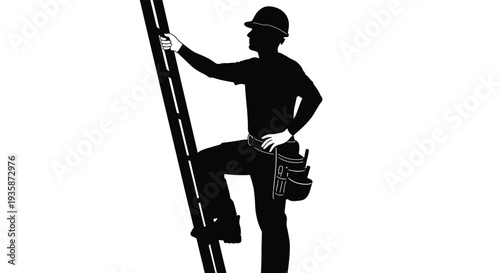 A construction worker is depicted climbing a ladder carrying a bucket rendered as a striking black silhouette high quality