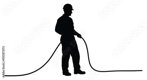 A stark black silhouette of a worker holding a coiled rope against a bright white background silhouette high quality