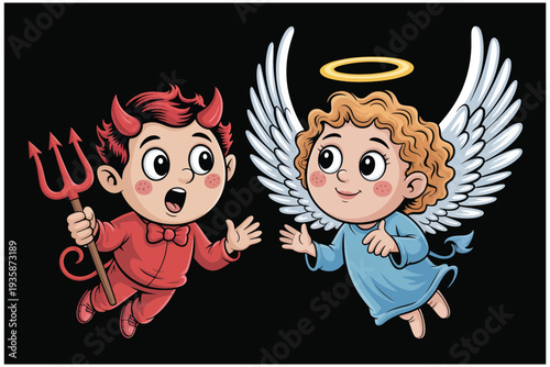 Cute cartoon angels and demons characters flying together in opposing costumes for good versus evil concept illustration