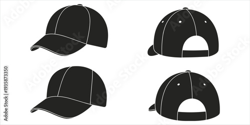 Black Baseball Caps Front Side Back Views Isolated White Background headwear accessory