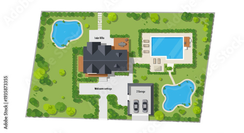 Aerial view of a luxury estate with multiple buildings and landscaping