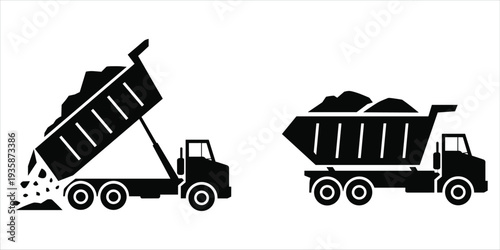 Black silhouette icons of dump trucks one unloading gravel and one loaded Keywords: dump truck, construction, vehicle, transport