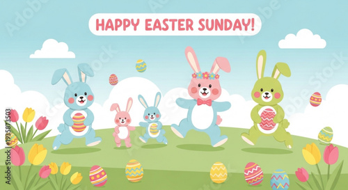 Colorful cartoon bunnies celebrate easter sunday with eggs and flowers in a green field