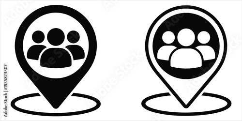 Black and white outline icons representing group location or people marker Keywords: location, map, marker, pin, pointer, GPS