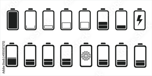 Battery charge level indicators in black silhouette with a lightning bolt symbol vector illustration
