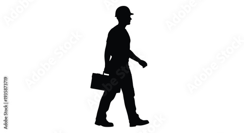 A stark black silhouette depicts a worker walking with a tool case showcasing a minimalist profile silhouette high quality