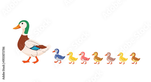 A mother duck leads a line of her six adorable ducklings forward