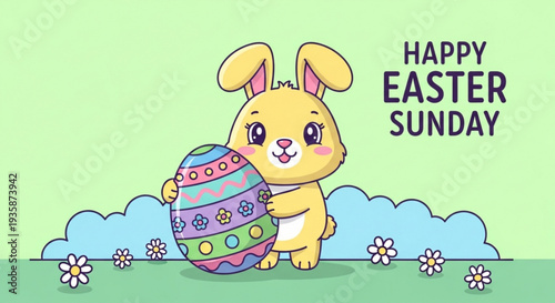 Cartoon easter bunny holding colorful egg on green background with flowers happy easter sunday greeting
