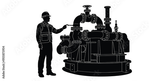 An industrial worker inspects complex machinery with pipes and valves showcased in a stark silhouette high quality professional detailed