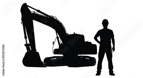A construction worker stands proudly beside a large excavator representing industry and progress a striking silhouette high quality