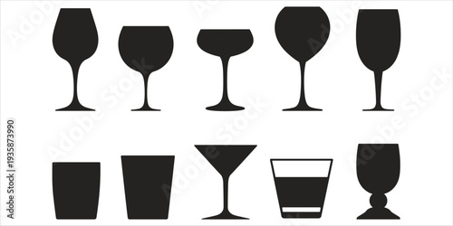 Assortment of black silhouette outlines of various drinking glasses and cups drinkware beverage