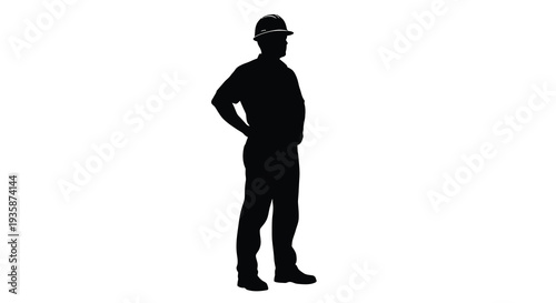 A stark black silhouette depicts a construction worker standing in a relaxed pose with hands on hips silhouette