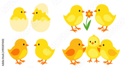 Adorable cartoon chicks in various stages of hatching and play