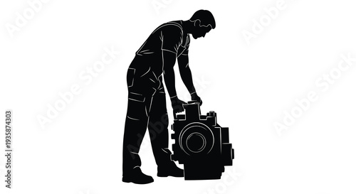 A black silhouette of a mechanic bending to inspect and work on a complex machine component silhouette high quality