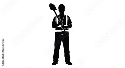 A full body depiction of a construction worker holding a shovel presented as a striking black silhouette high quality professional