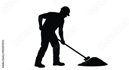 A stark black silhouette depicts a worker using a shovel to move a pile of earth highlighting manual labor silhouette