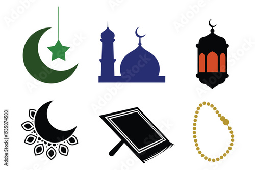 Islamic religious icon set with moon and star mosque lantern prayer rug and beads flat design collection for ramadan kareem and eid mubarak