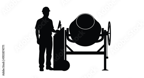A construction worker stands beside a black cement mixer showcasing industry tools and labor in a striking silhouette
