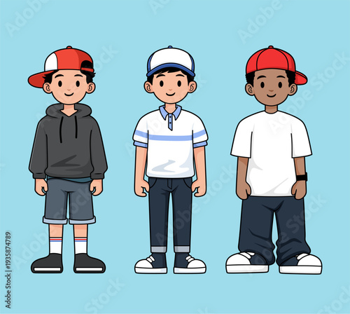 Various teenage cartoon characters in trendy casual clothes and colorful hats.